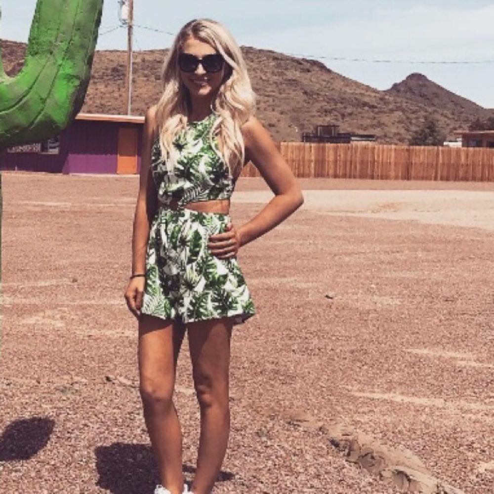 REVOLVE. white and green romper, cut out in front